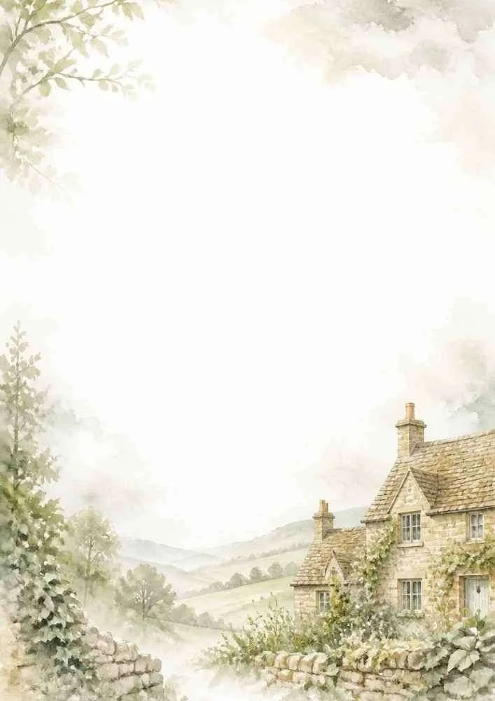 Watercolor border with an English stone cottage overlooking a peaceful valley.