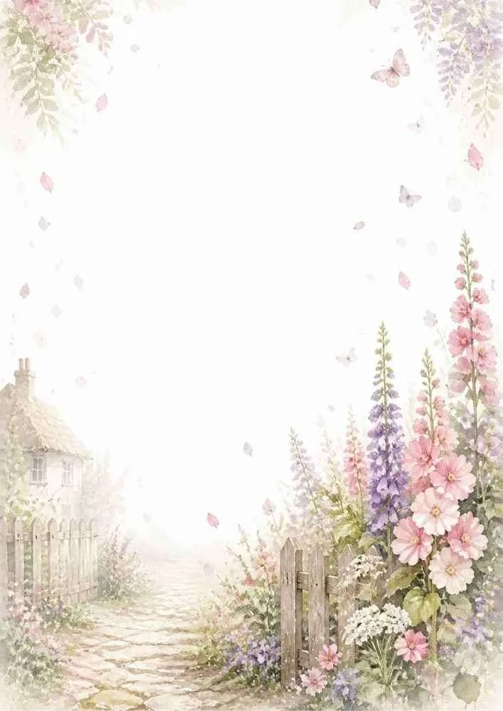 Watercolor border with a cottage garden gate, wildflowers, and butterflies.