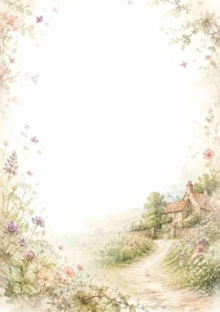 Watercolor border with a country lane leading to a charming English cottage.