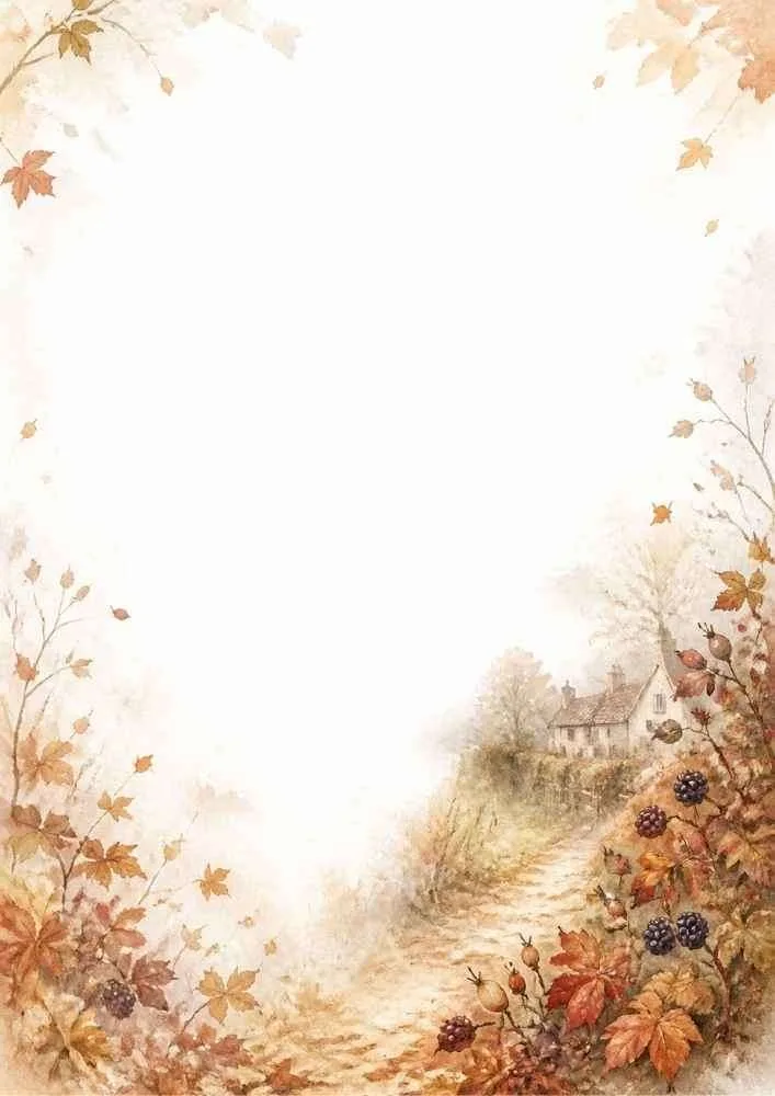 Watercolor autumn border with colorful leaves, berries, and an English village path.