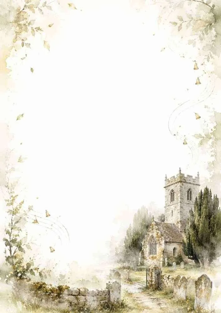 Watercolor border featuring a historic English village church and stone pathway.