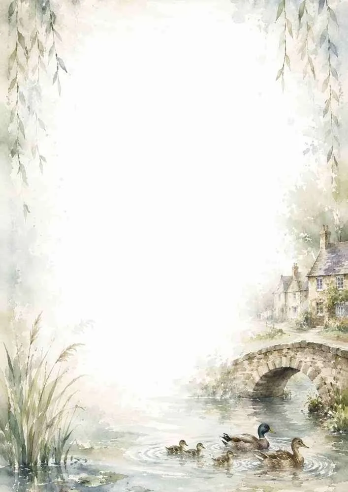 Watercolor border with ducks swimming beneath a stone bridge near countryside cottages.