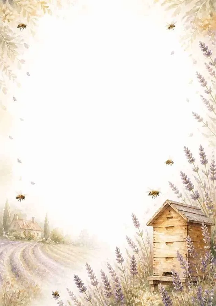 Watercolor border with a rustic beehive, lavender flowers, and buzzing bees.