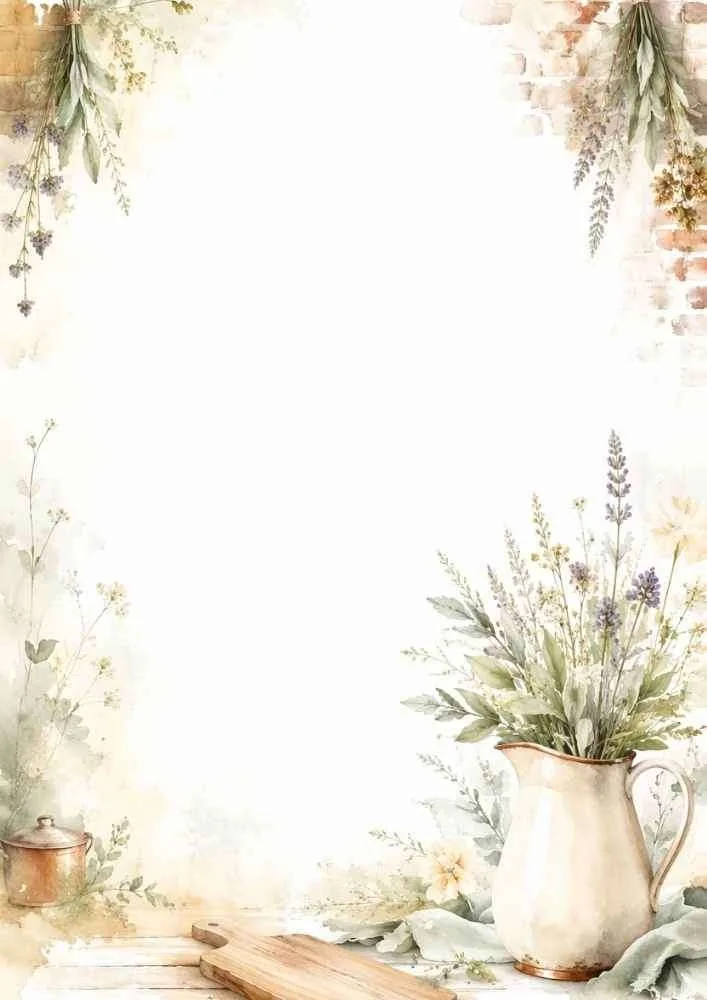 Watercolor farmhouse border page with herb pitcher, wooden board, and rustic kitchen accents surrounding a blank center.