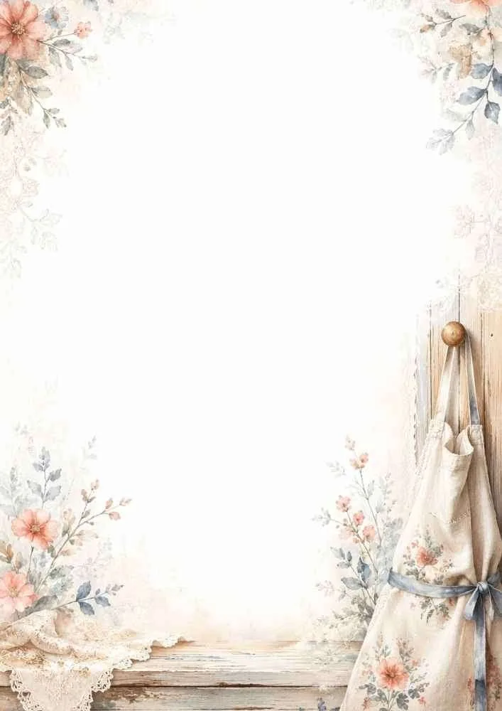 Watercolor border page with a floral apron, lace, and soft flowers surrounding a blank center.