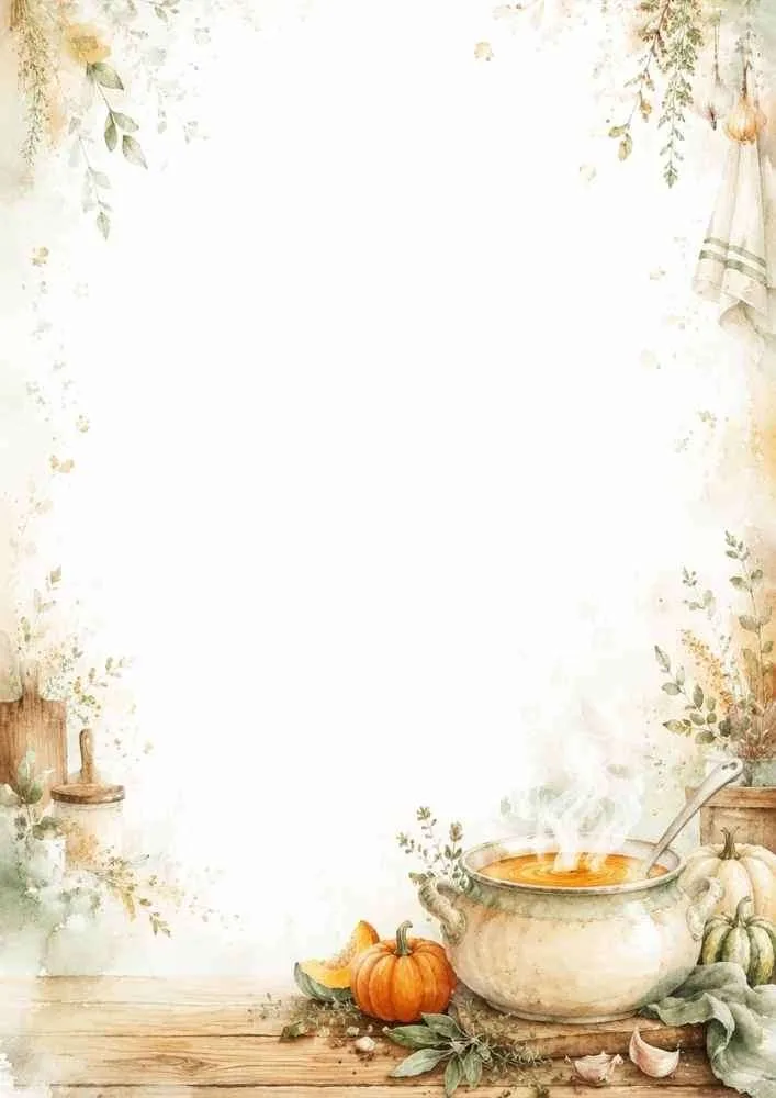 Watercolor border page featuring pumpkin soup, pumpkins, herbs, and rustic kitchen decor around a blank center.