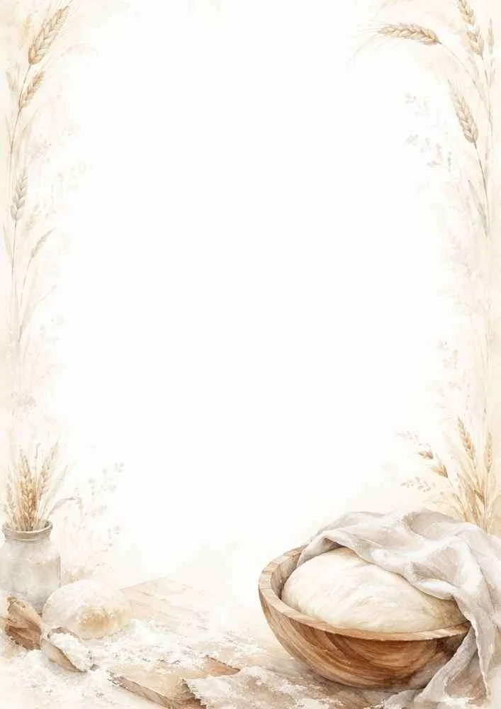 Watercolor border page with bread dough, flour, wheat, and rustic baking elements surrounding a blank center.