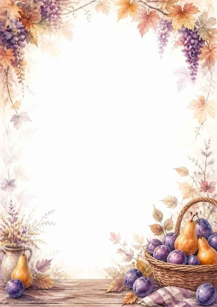 Watercolor border page with pears, plums, autumn leaves, and harvest decorations around a blank center.
