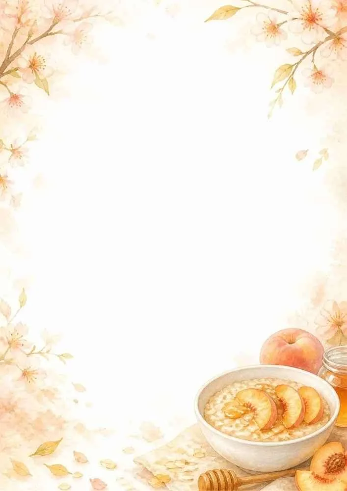 Watercolor border page featuring peach oatmeal, honey, blossoms, and rustic breakfast elements around a blank center.