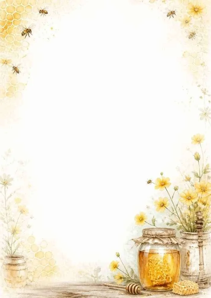Watercolor border page with honey jar, honeycomb, bees, and yellow flowers framing a blank center.