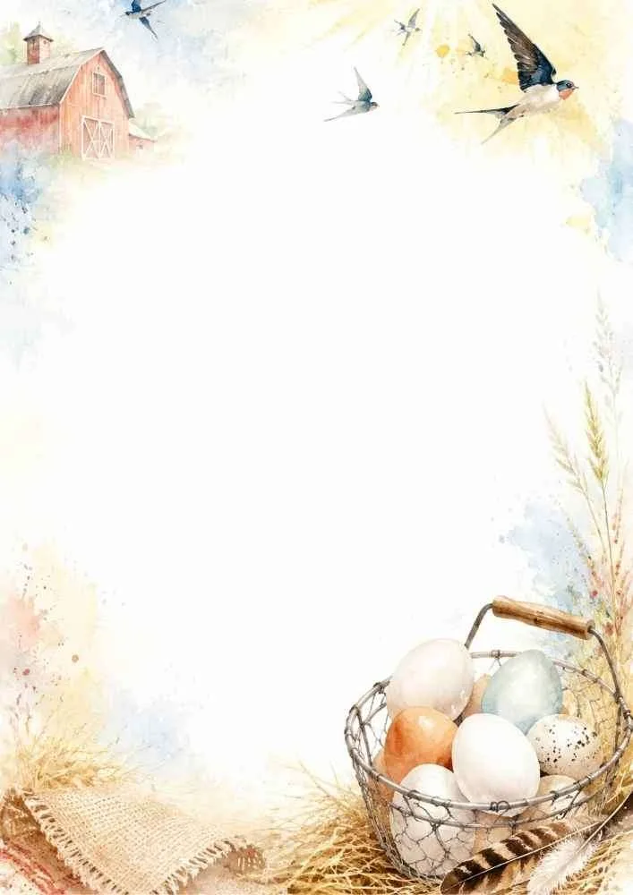 Watercolor border page with a basket of eggs, barn, birds, and soft farmhouse scenery around a blank center.
