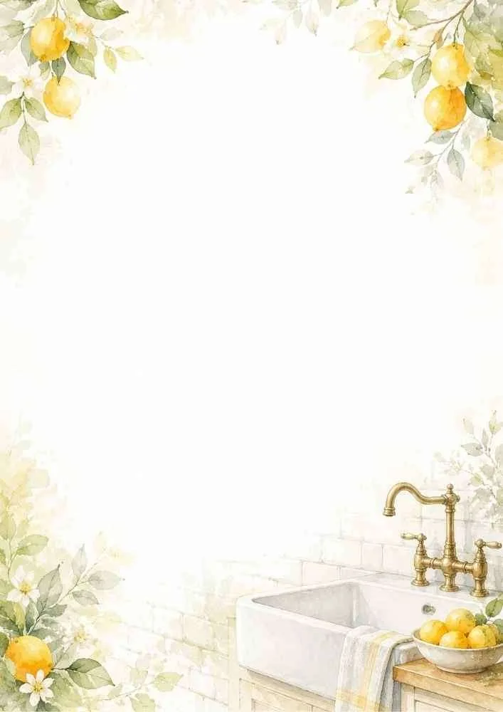 Watercolor border page featuring lemons, a farmhouse sink, and floral accents surrounding a blank center.