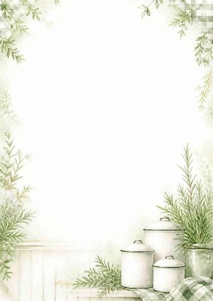 Watercolor farmhouse border page with herbs, enamel containers, and rustic kitchen decor around a blank center.