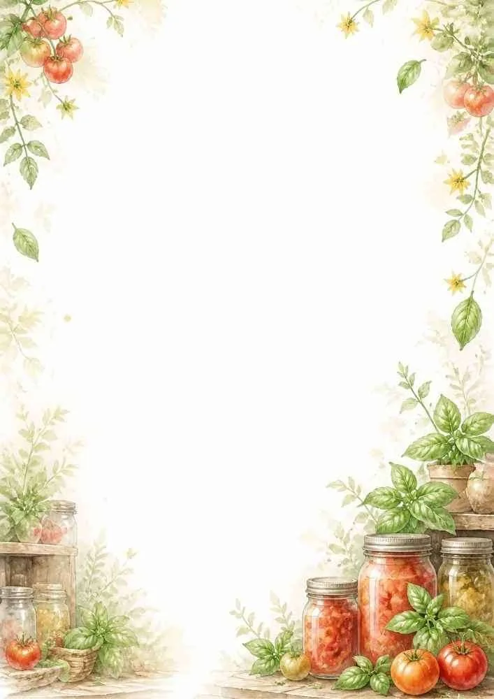 Watercolor border page with tomatoes, basil, pantry jars, and rustic kitchen decor surrounding a blank center.
