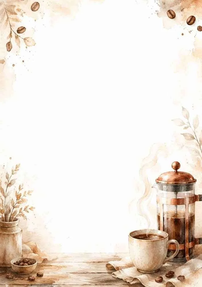 Watercolor border page with coffee cup, French press, coffee beans, and rustic accents around a blank center.