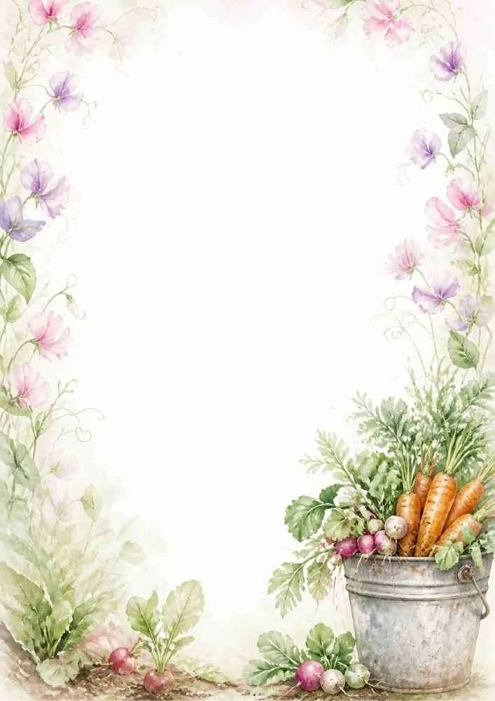 Watercolor border page with carrots, radishes, flowers, and garden greenery surrounding a blank center.