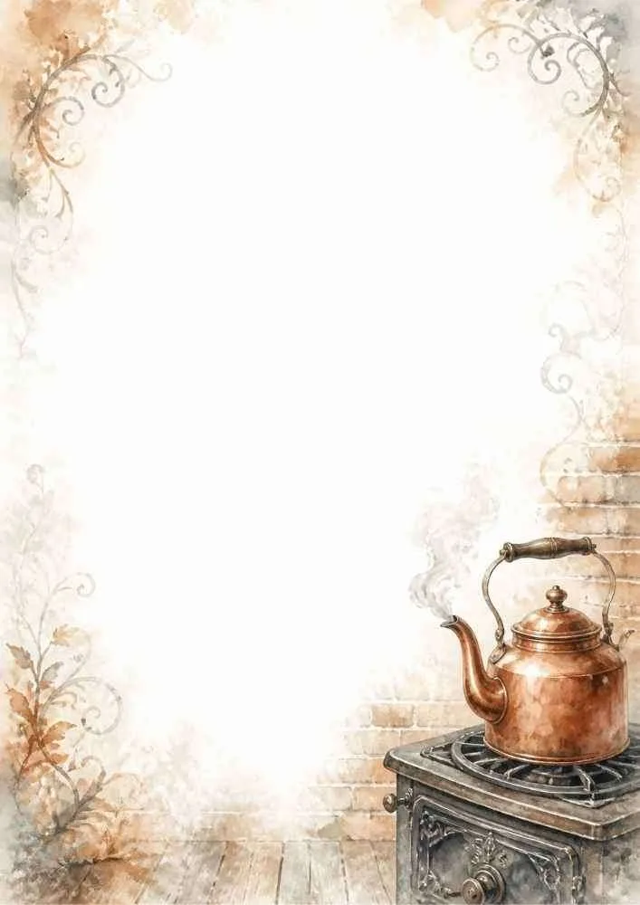 Watercolor border page featuring a copper kettle on a vintage stove with rustic floral accents.