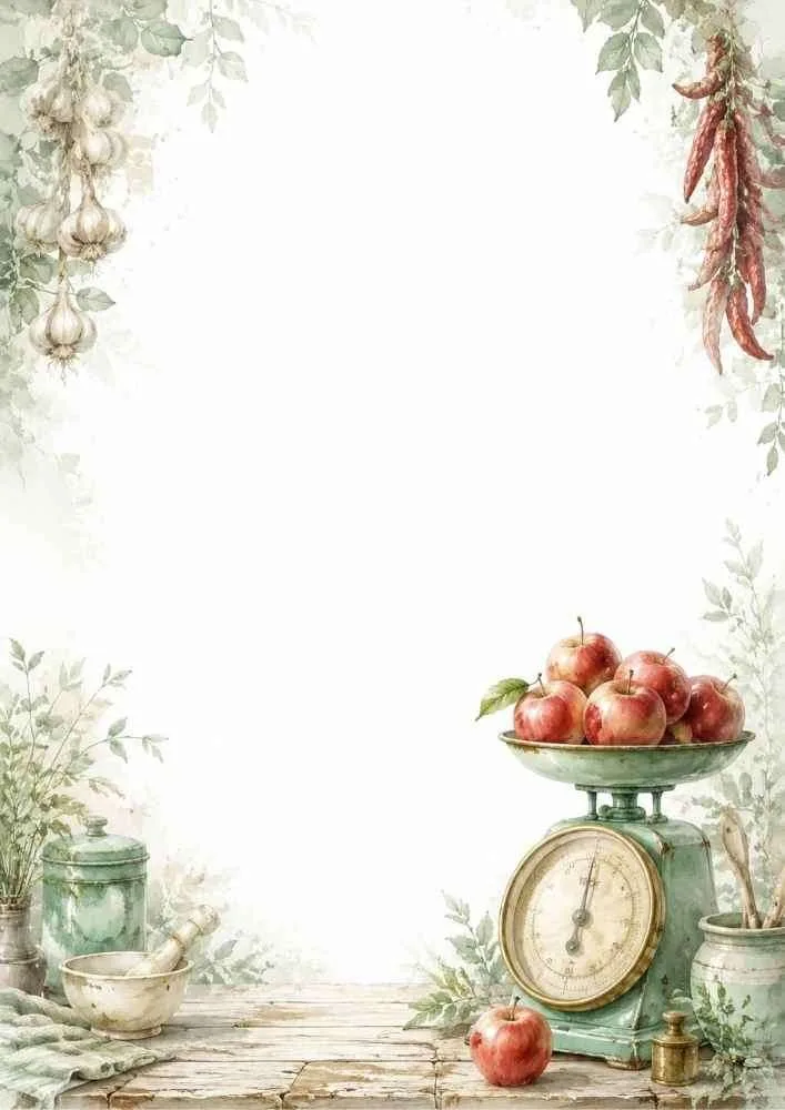 Watercolor border page with apples, vintage kitchen scale, garlic, and rustic kitchen accessories.