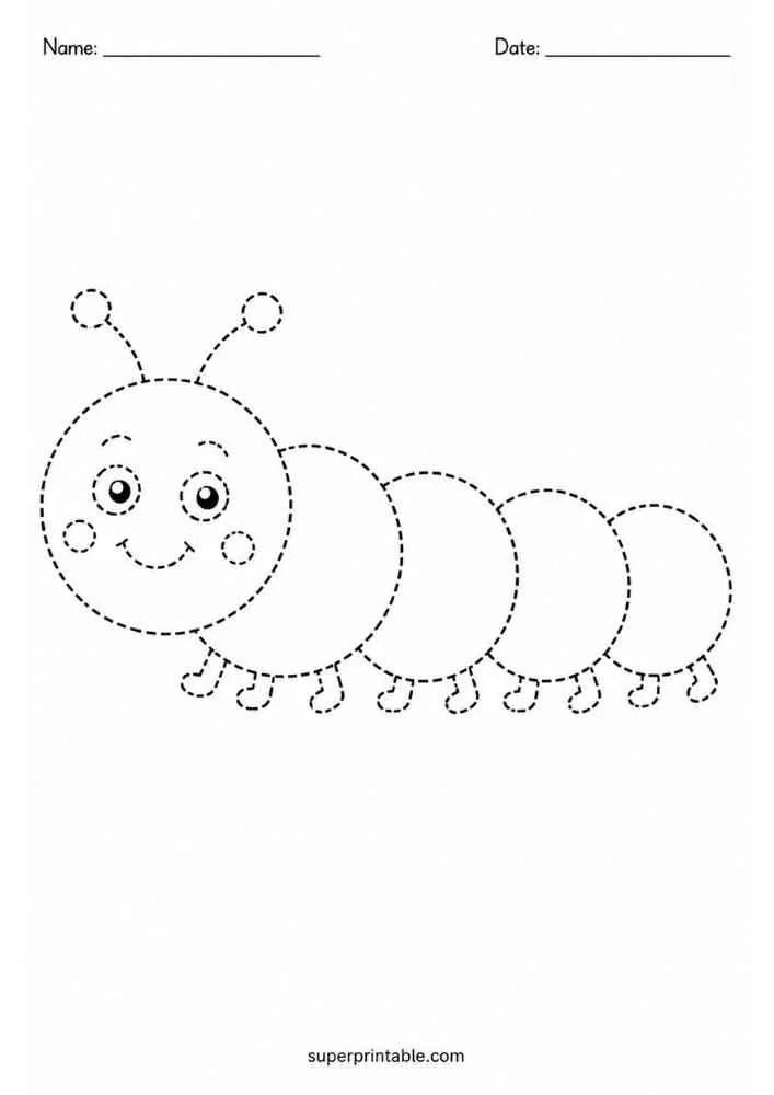 Dashed outline of a smiling caterpillar with antennae, Name line, and Date line.