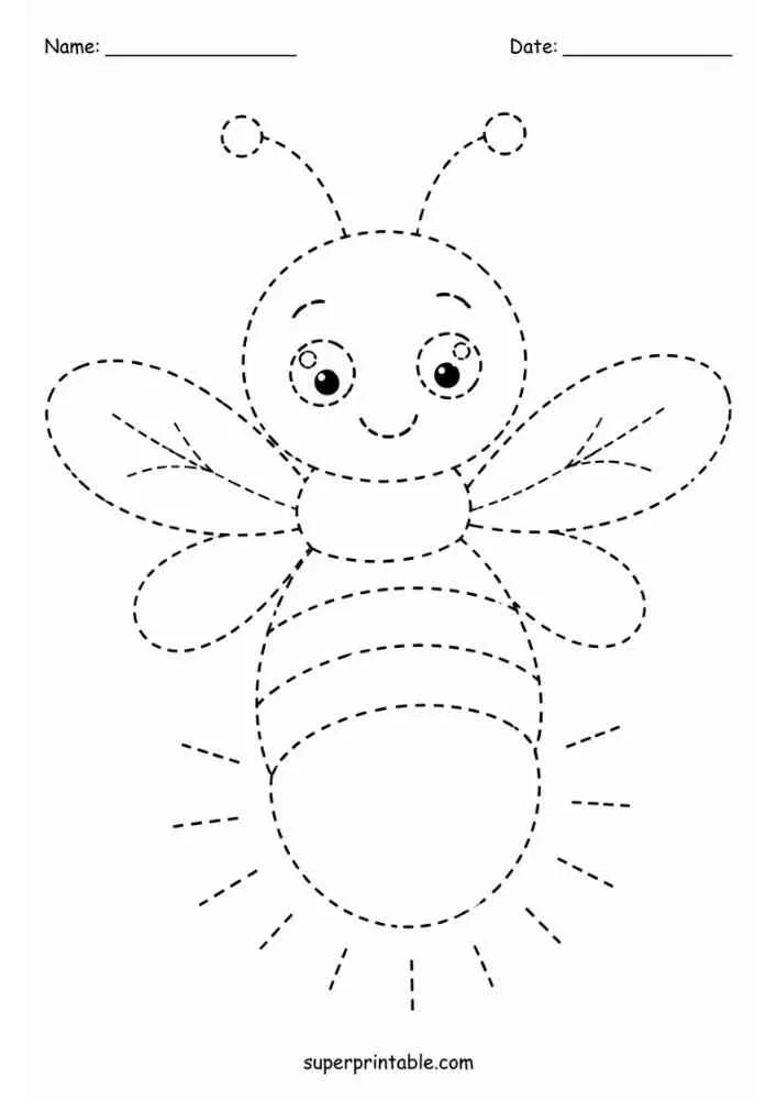 Dashed outline of a smiling firefly with wings and glow lines.