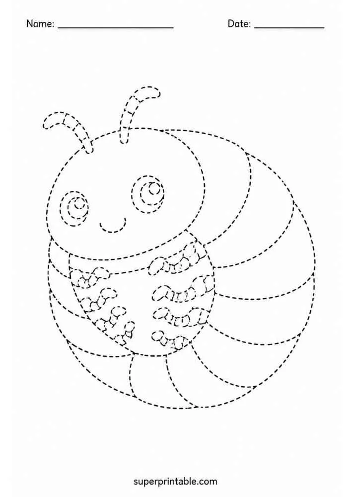 Dashed outline of a striped bee with antennae and tiny legs.