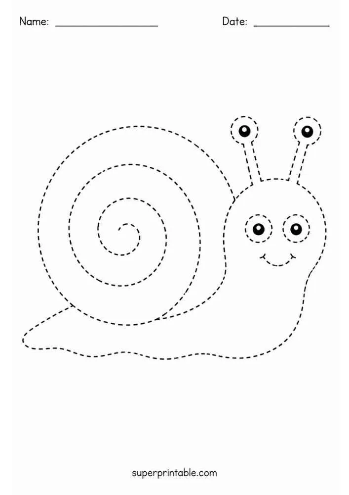 Dashed outline of a smiling snail with a spiral shell, Name line, and Date line.