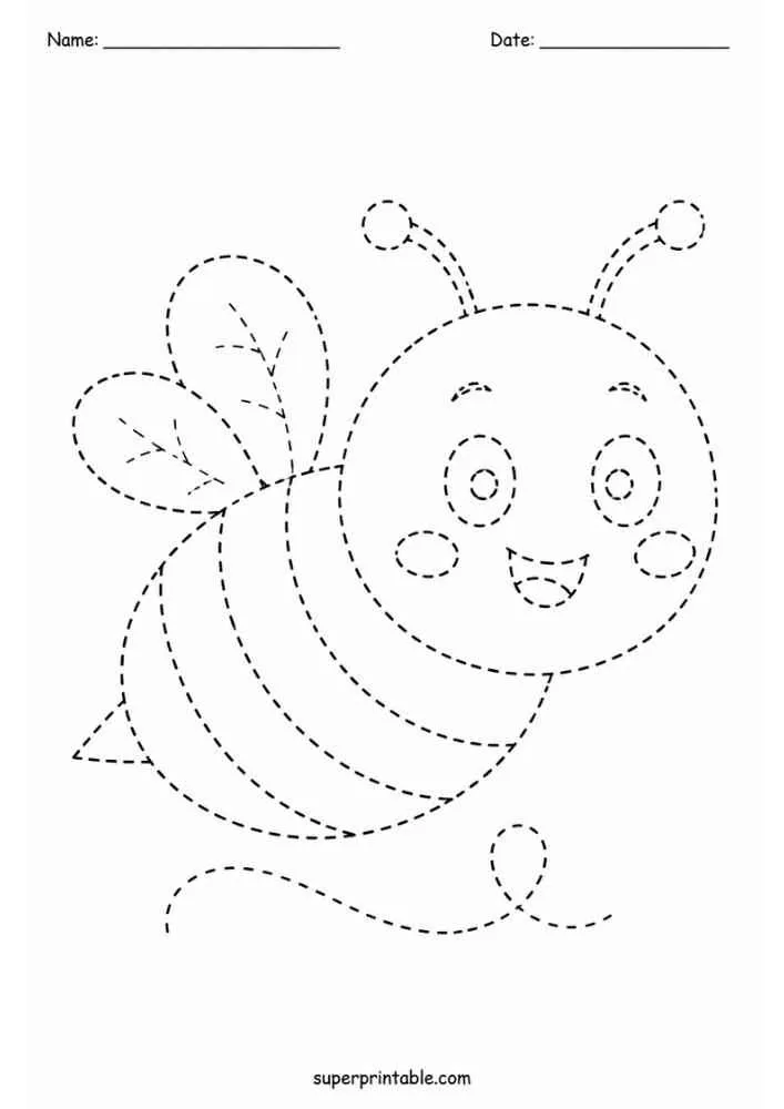 Dashed outline of a smiling bumblebee with wings and a looping flight trail.