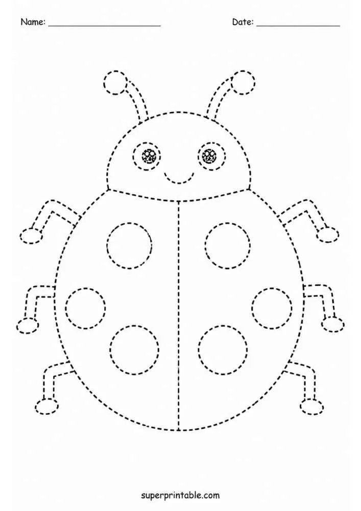 Dashed outline of a ladybug with spots, antennae, Name line, and Date line.