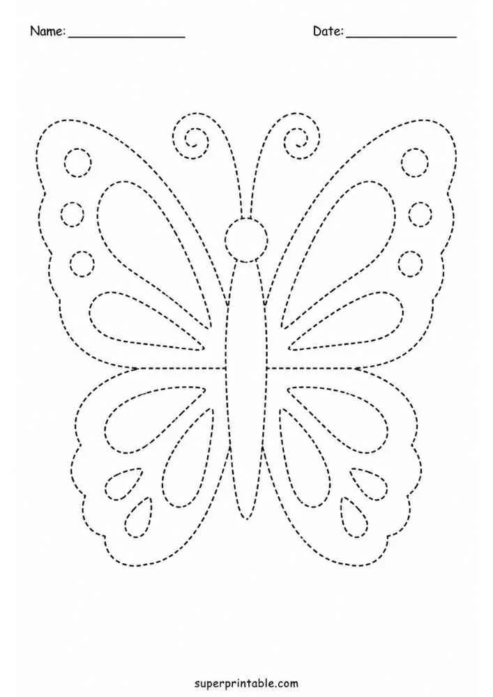 Dashed outline of a butterfly with decorative wings and Name and Date lines.