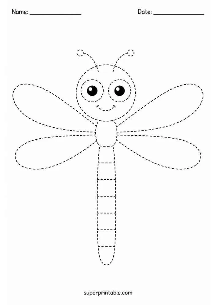 Dashed outline of a dragonfly with four wings and Name and Date lines.