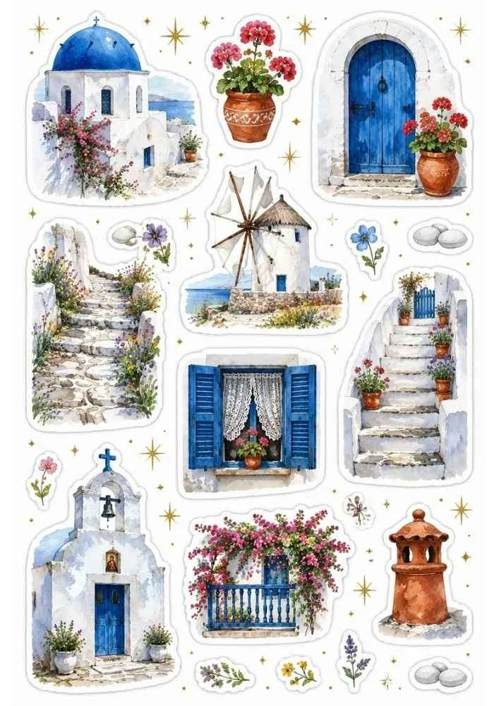 Sticker sheet with Greek churches, blue doors, windmill, stairs, flowers, windows, and village buildings.