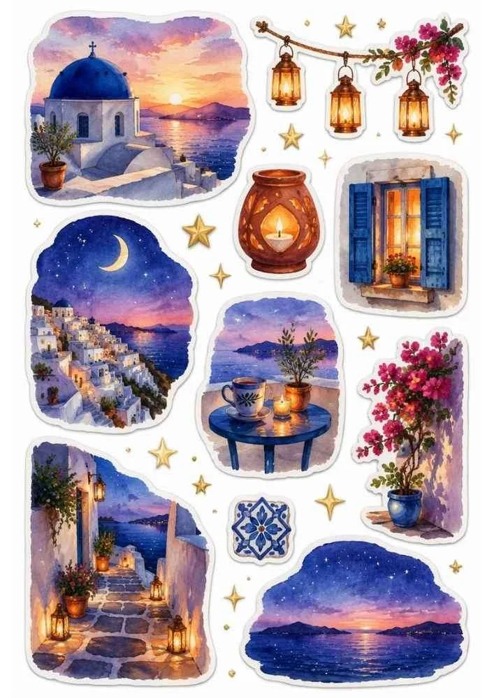 Sticker sheet with sunset, blue dome church, lanterns, flowers, seaside streets, and ocean views.