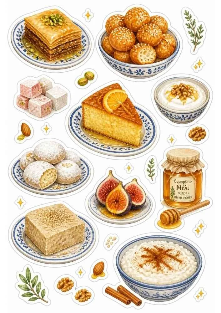 Sticker sheet with baklava, cake, cookies, yogurt, figs, honey, and Greek desserts.
