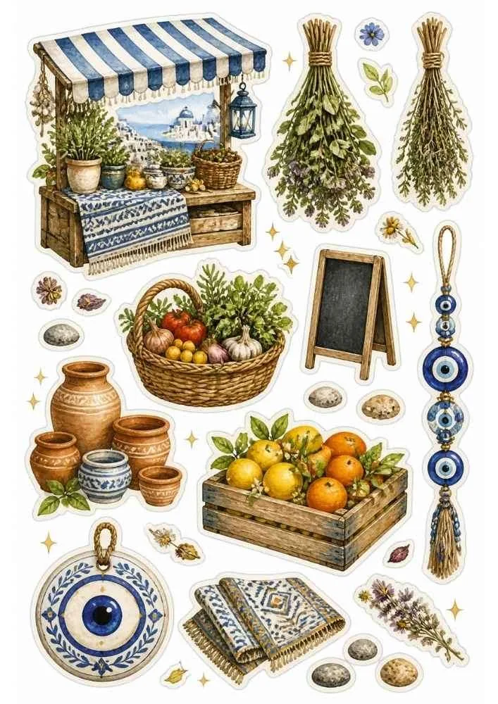 Sticker sheet with market stall, fruit crates, pottery, herbs, baskets, rugs, and hanging ornaments.