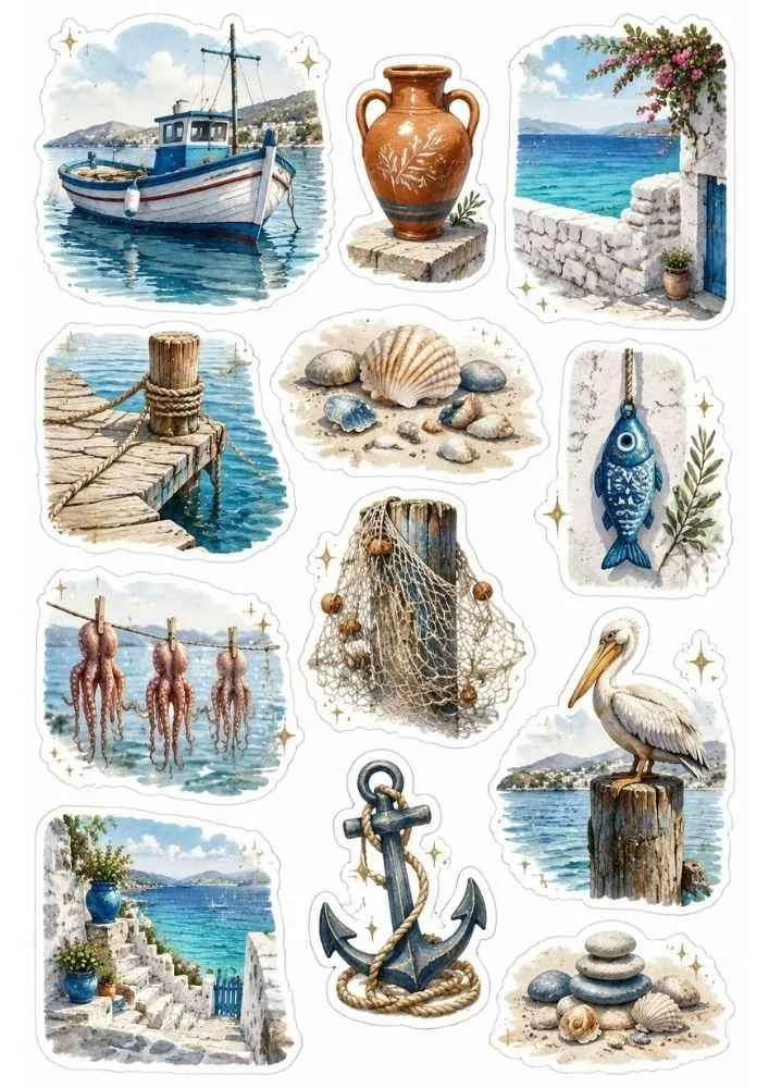 Sticker sheet with boats, anchor, pelican, seashells, dock, fishing net, and seaside views.
