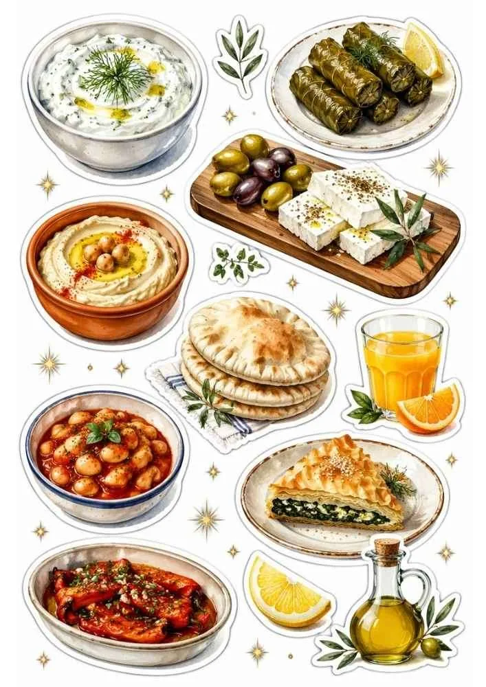 Sticker sheet with hummus, pita, olives, cheese, pastries, olive oil, and Mediterranean dishes.