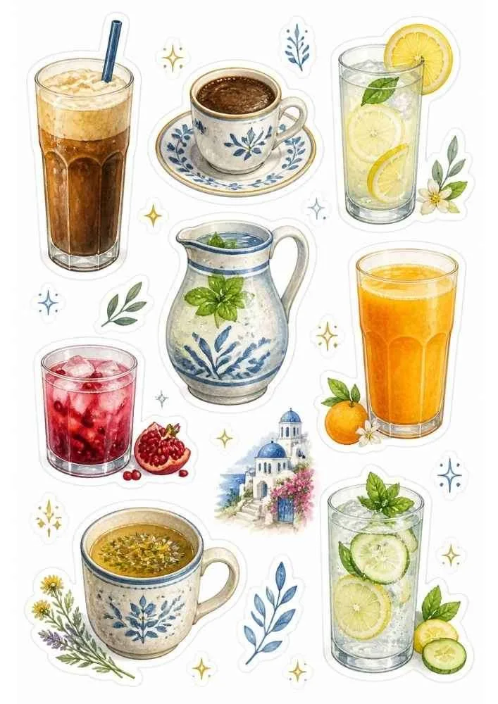 Sticker sheet with coffee, iced drinks, juice, tea, lemon water, and ceramic pitcher.
