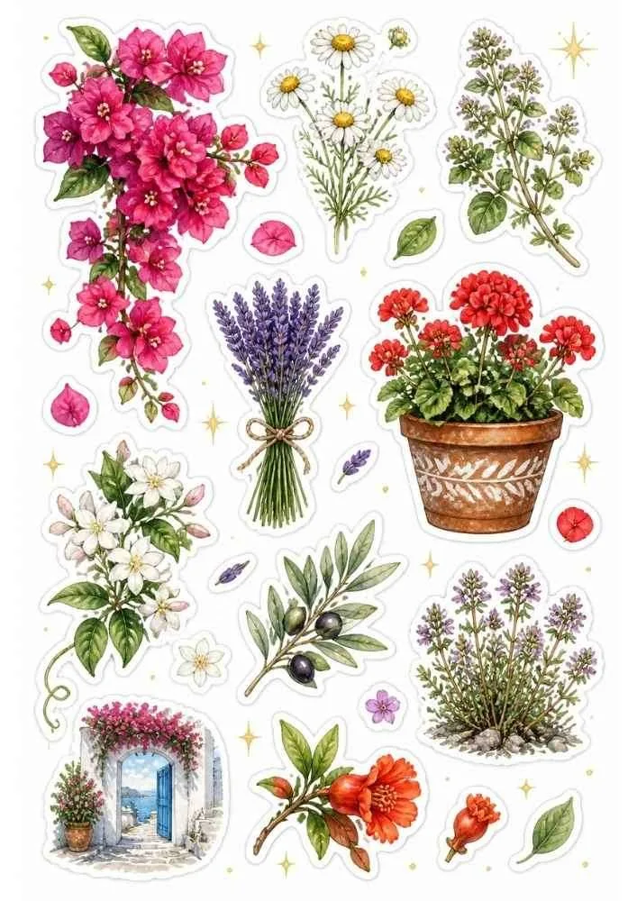 Sticker sheet with bougainvillea, lavender, jasmine, olive branch, herbs, and flower pots.