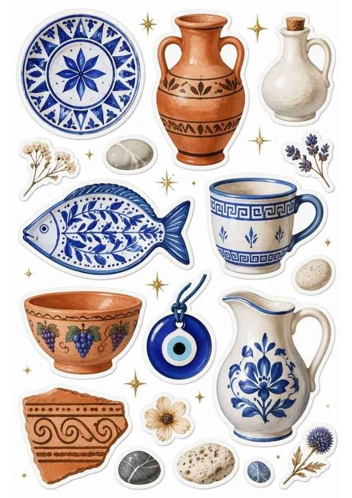 Sticker sheet with ceramic plate, vases, pitcher, cup, bowl, fish, and pottery pieces.