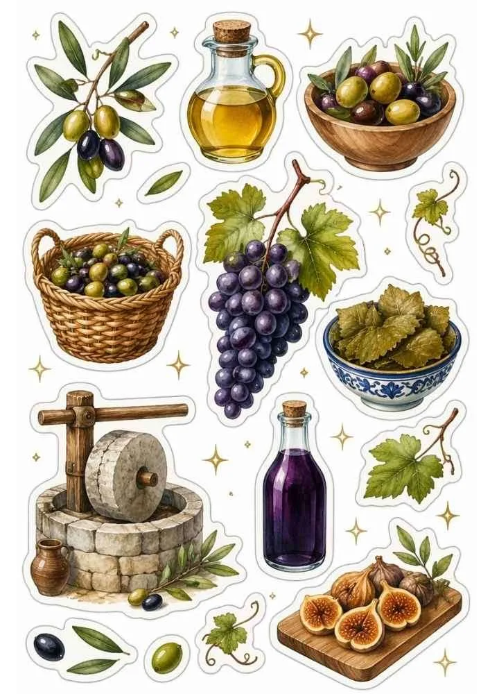 Sticker sheet with olives, grapes, olive oil, figs, wine bottle, and stone olive press.