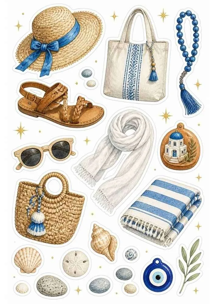 Sticker sheet with straw hat, sandals, tote bag, towel, sunglasses, shells, and travel items.