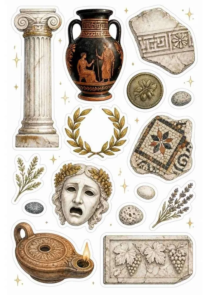 Sticker sheet with Greek column, amphora, theater mask, mosaic, stone carving, and laurel wreath.