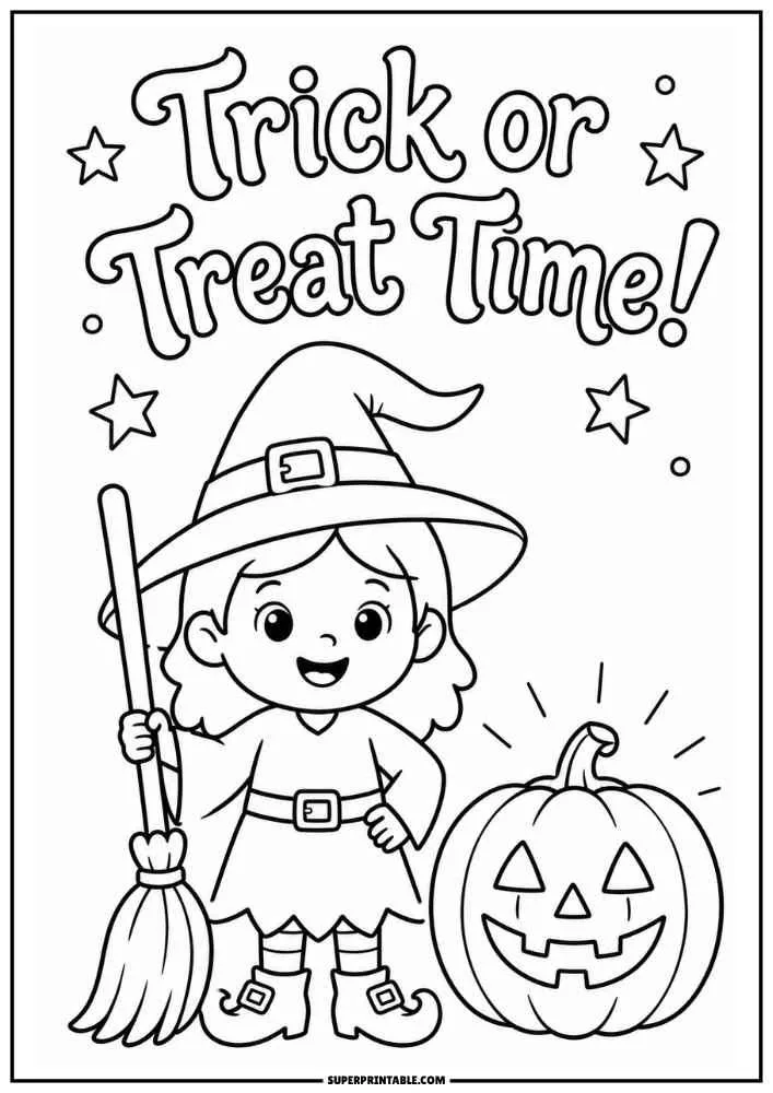 A smiling witch with a broom, a jack o lantern, stars, and the words "Trick or Treat Time!"