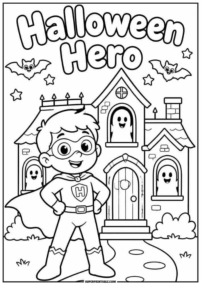 A superhero child, haunted house, ghosts, bats, and the words "Halloween Hero."