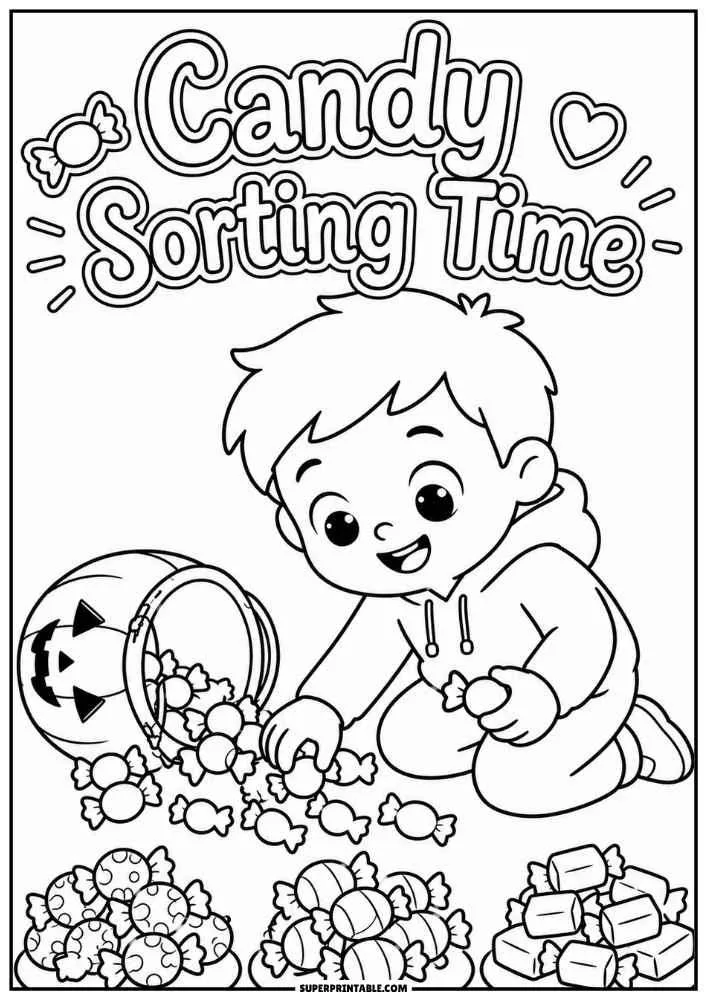 A child sorting candy beside a pumpkin bucket and the words "Candy Sorting Time."