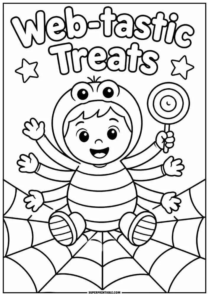 A child in a spider costume with a lollipop on a web and the words "Web tastic Treats."