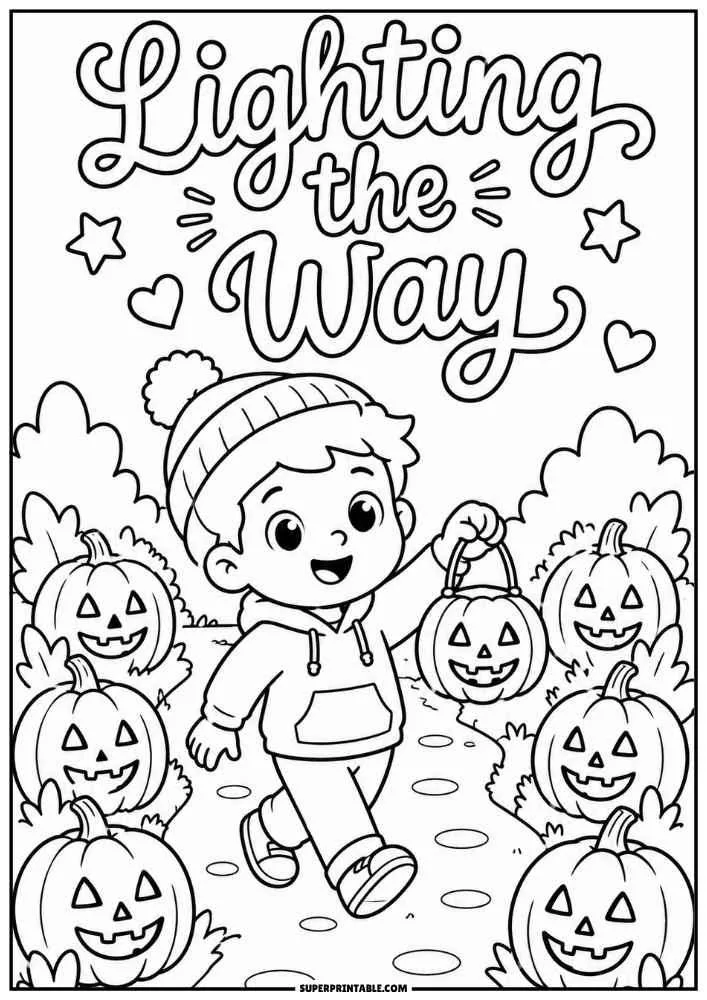 A child holding a pumpkin lantern among pumpkins with the words "Lighting the Way."
