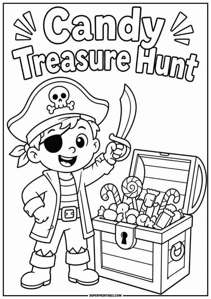 A pirate child with a treasure chest full of candy and the words "Candy Treasure Hunt."