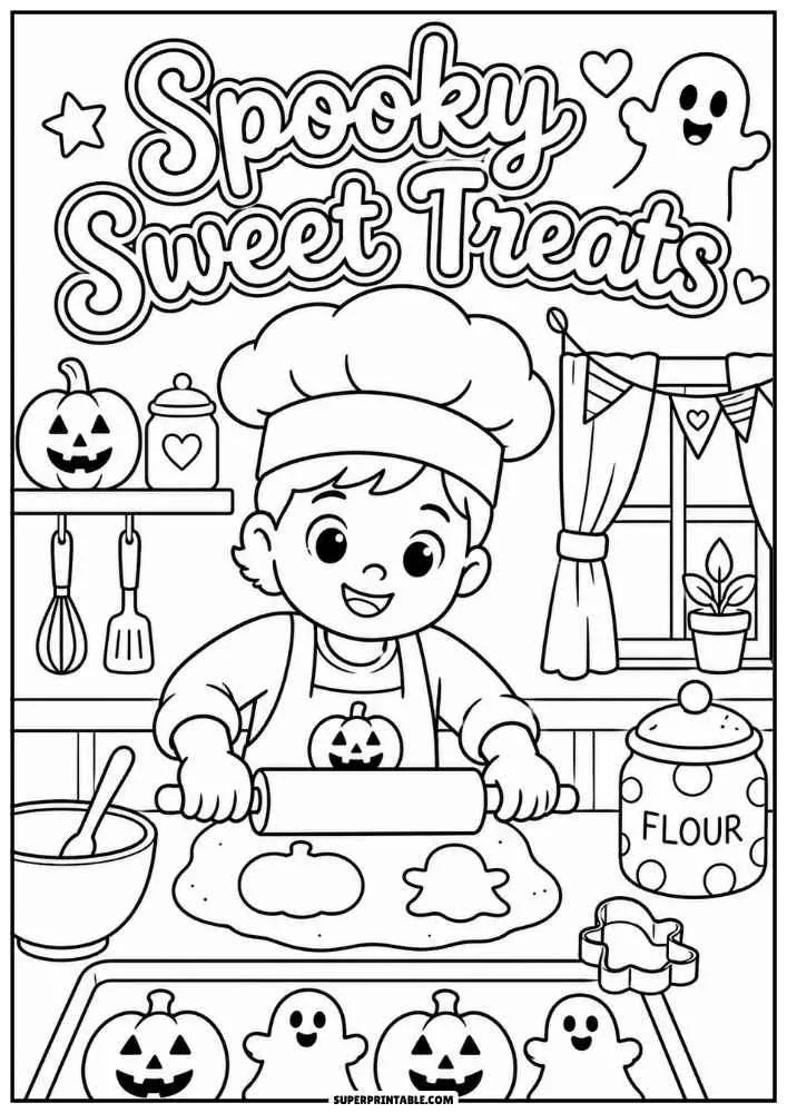 A child baking Halloween cookies with pumpkins, ghosts, and the words "Spooky Sweet Treats."