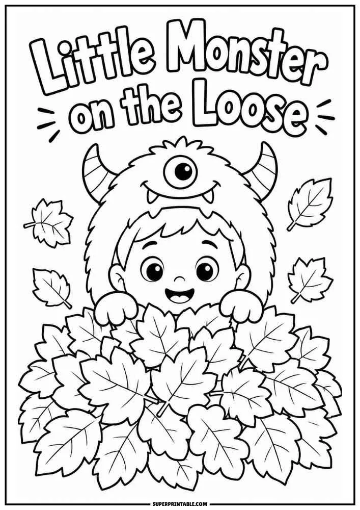 A child in a monster costume hiding in leaves with the words "Little Monster on the Loose."
